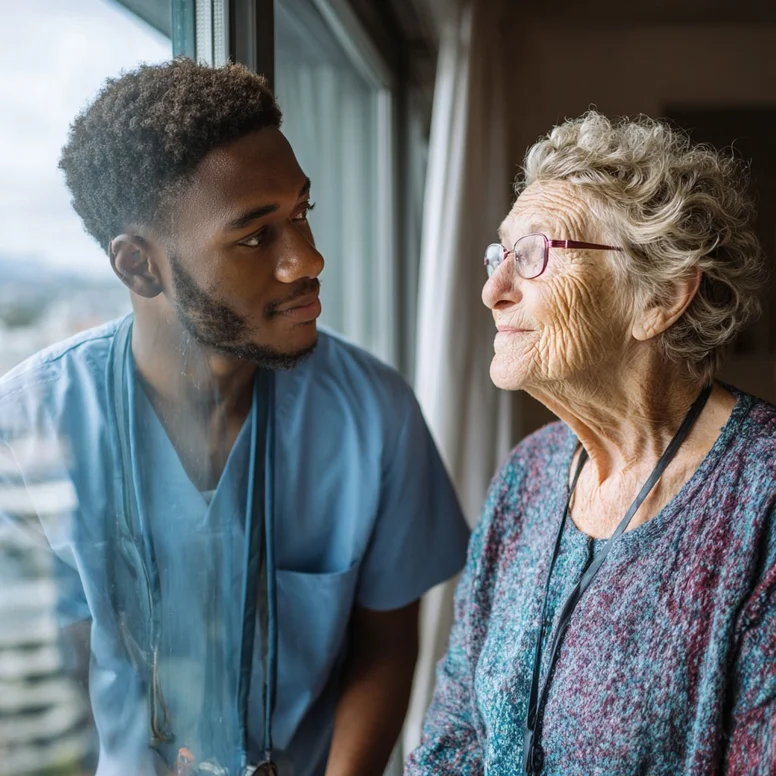 Ein engagierter Pfleger steht leicht gebeugt neben einer Seniorin, die erwartungsvoll aus dem Fenster blickt und schaut sie an.