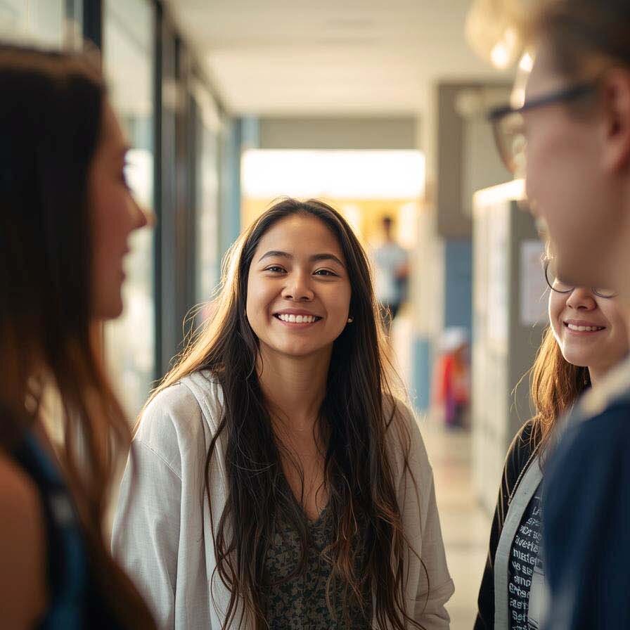 Lächelnde Schülerin im Gespräch mit Mitschülern auf dem Flur als Zeichen für ein positives Lernklima am Campus.