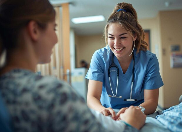 Eine Auszubildende in der Pflege hält einfühlsam die Hand eines Patienten im Krankenbett zur Förderung des Wohlbefindens.