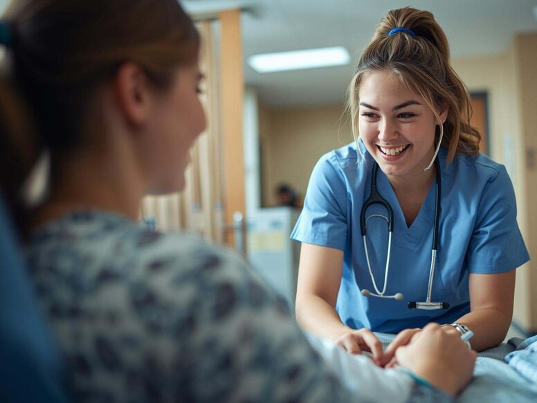 Eine Auszubildende in der Pflege hält einfühlsam die Hand eines Patienten im Krankenbett zur Förderung des Wohlbefindens.