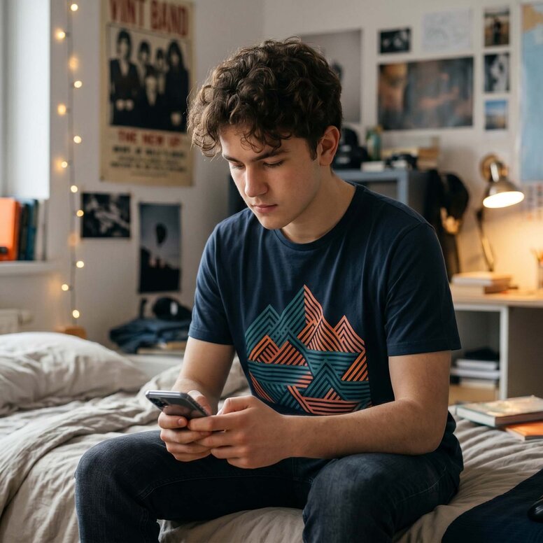 Ein 16-jähriger Schüler tippt fokussiert auf seinem Smartphone im modernen Jugendzimmer, um einen Standort der WBS SCHULEN auszuwählen.