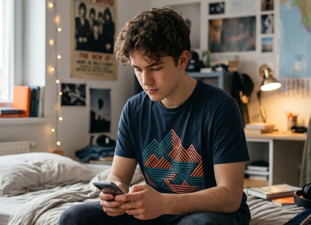 Ein 16-jähriger Schüler tippt fokussiert auf seinem Smartphone im modernen Jugendzimmer, um einen Standort der WBS SCHULEN auszuwählen.