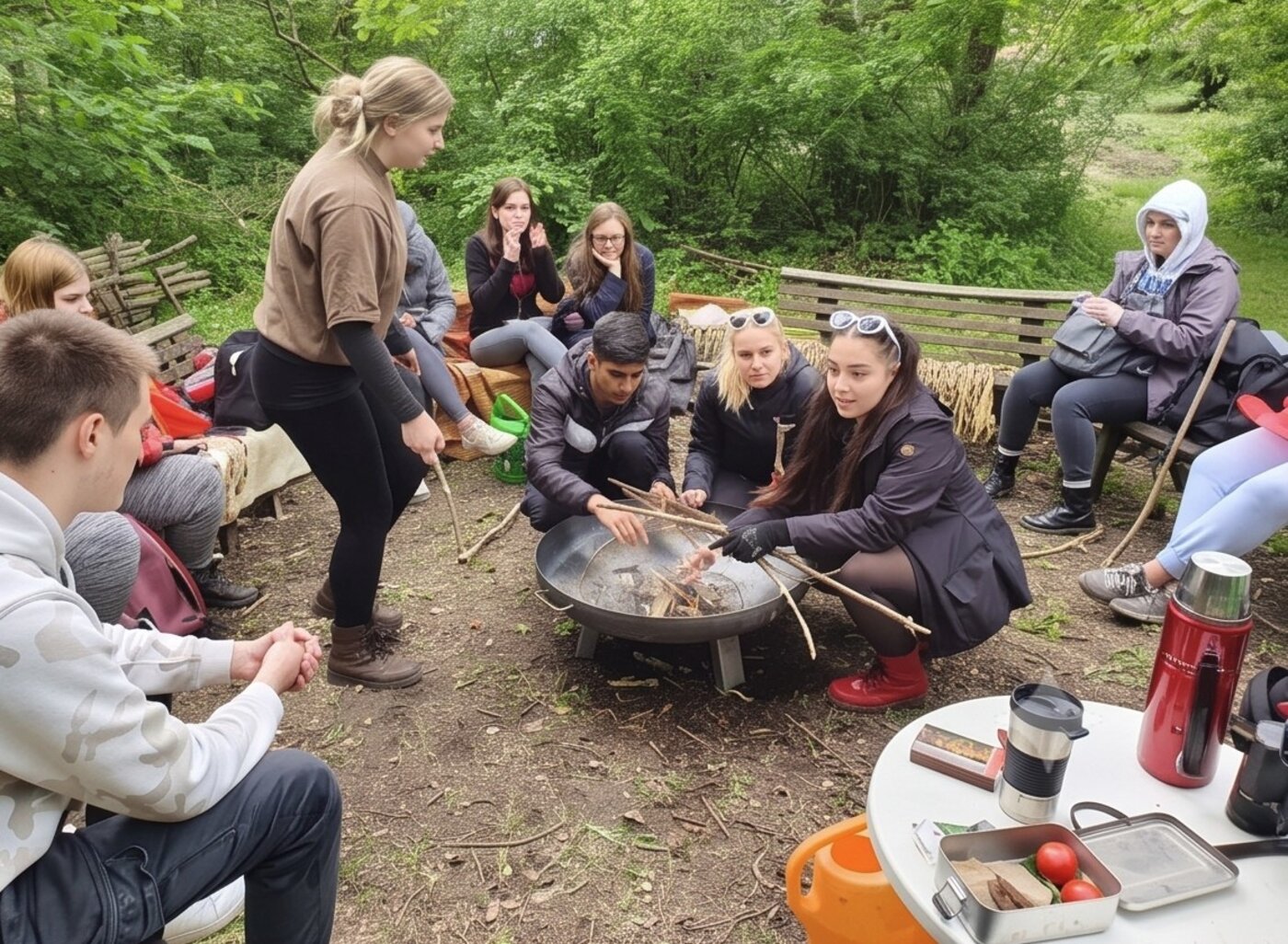 Eine Gruppe Lernender sitzt an einer Feuerstelle im Wald und bereitet gemeinsam ein Lagerfeuer vor. Naturpädagogische Aktivität mit Austausch und praktischen Übungen im Freien.