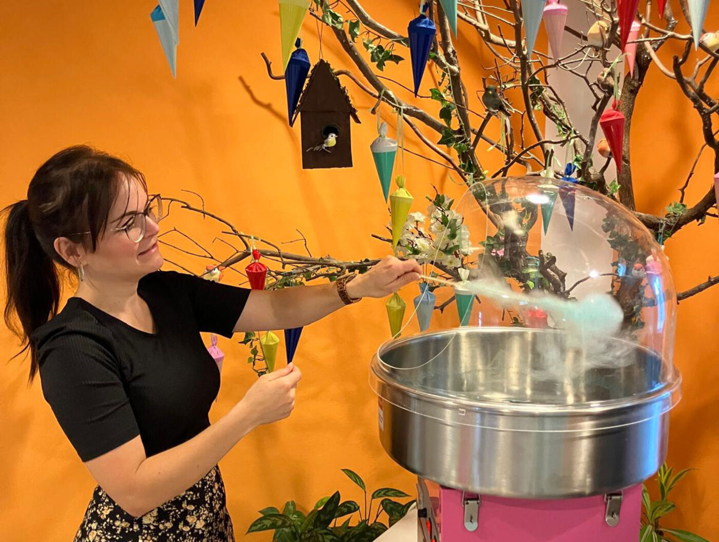 Eine junge Frau aus dem Team WBS SCHULEN Chemnitz schmückt zum Schulbeginn einen dekorativen Zuckertütenbaum neben einer Zuckerwattemaschine. Die festliche Einschulungsdekoration sorgt für eine einladende Atmosphäre.
