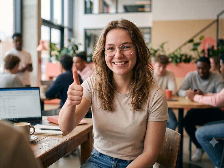 Zufriedene Studentin mit Brille zeigt den Daumen hoch in einem modernen Coworking-Space für praxisorientiertes Lernen.