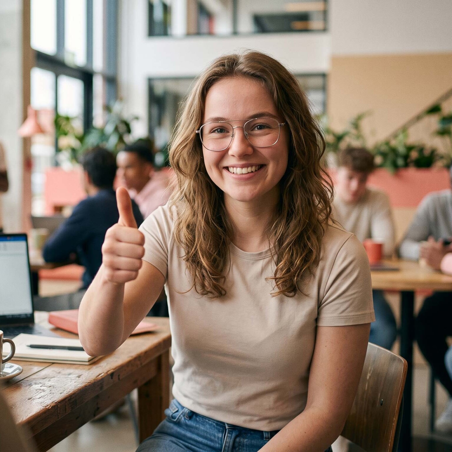 Zufriedene Studentin mit Brille zeigt den Daumen hoch in einem modernen Coworking-Space für praxisorientiertes Lernen.