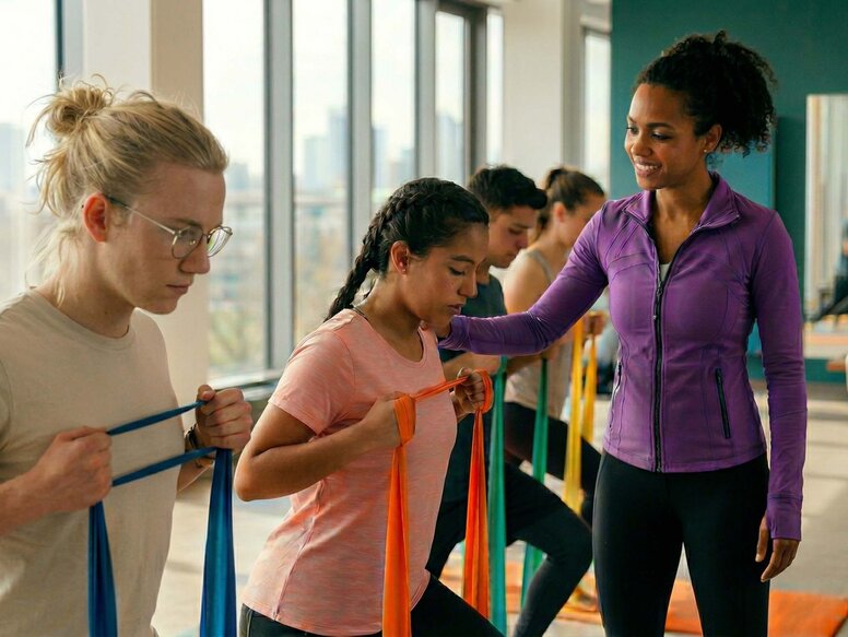 Physiotherapie-Lehrerin korrigiert Form einer Auszubildenden mit Widerstandsband im SkillsLab für praxisorientierte Ausbildung.
