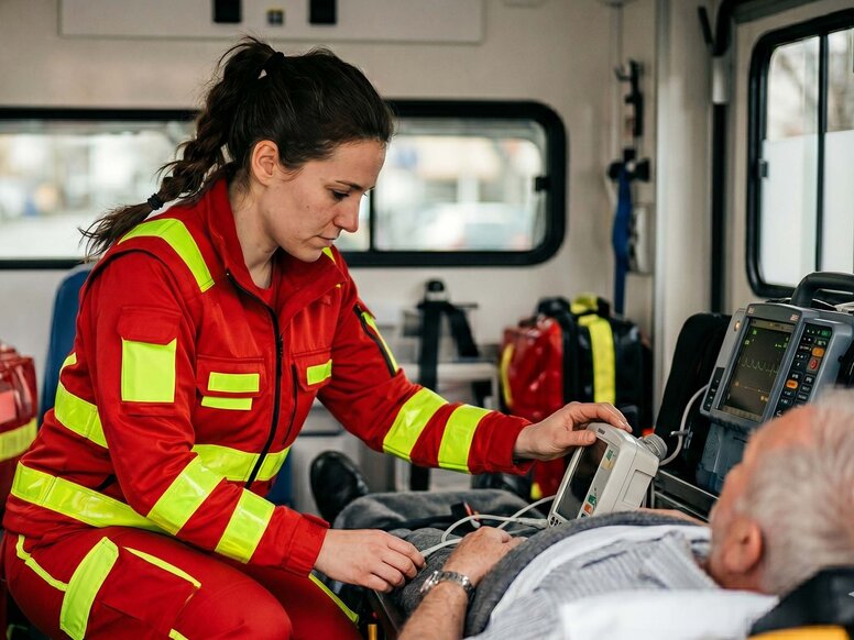 Notfallsanitäterin versorgt konzentriert einen Patienten im Rettungswagen während eines praxisorientierten Einsatzes.