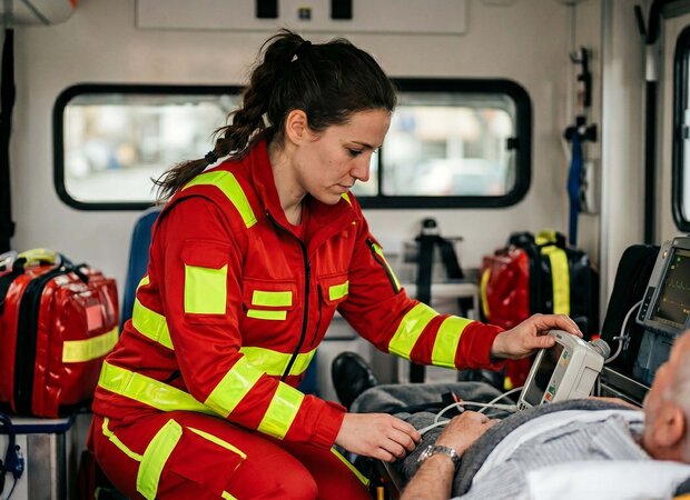 Notfallsanitäterin versorgt konzentriert einen Patienten im Rettungswagen während eines praxisorientierten Einsatzes.
