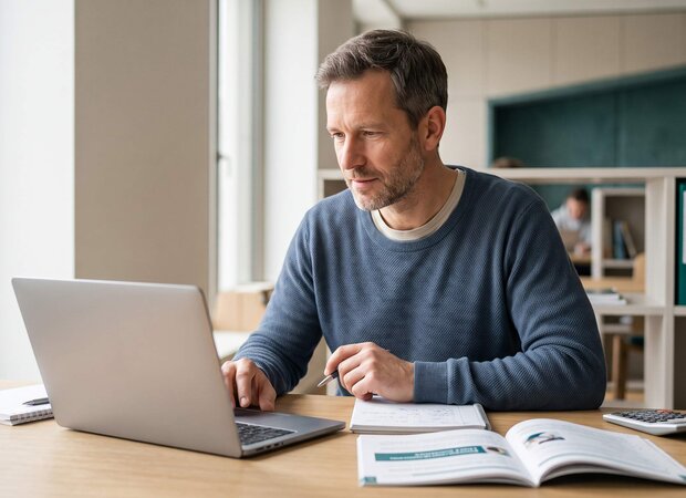 Ein Mann recherchiert am Laptop in der Förderdatenbank des Bundes nach finanzieller Unterstützung für seine Umschulung.
