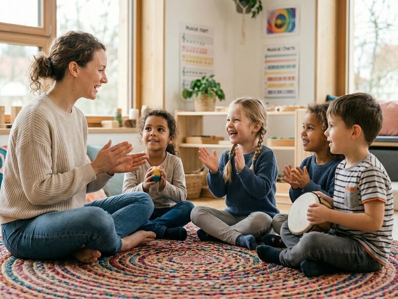 Erzieherin leitet fröhlichen Rhythmus-Workshop mit Kindern und Orff-Instrumenten im hellen Kreativraum zur Förderung musikalischer Kompetenzen.