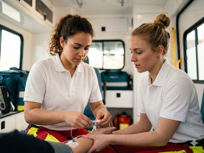 Zwei junge Notfallsanitäterinnen legen konzentriert einen IV-Zugang am Patienten im modernen Rettungswagen.