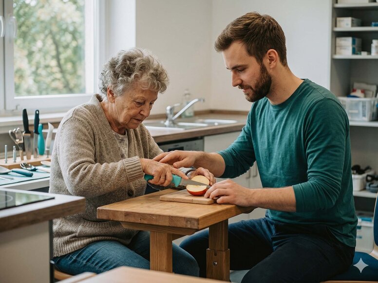 Ein junger Ergotherapeuth unterstützt eine ältere Patientin beim Schneiden eines Apfels mit einem Messer.