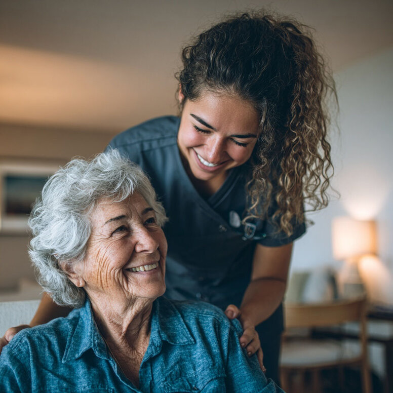 Lächelnde Pflegeschülerin schiebt liebevoll eine Seniorin im Zimmer, die in einem Rollstuhl sitzt und beugt sich zu ihr herunter.