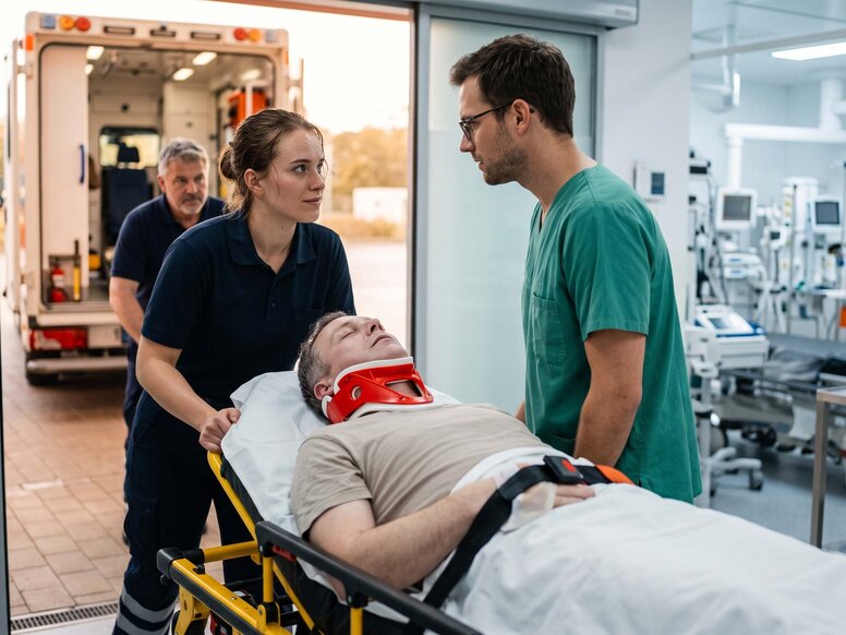Angehende Notfallsanitäterin und Arzt im intensiven Blickkontakt beim Patiententransport am Schockraum-Eingang der Notaufnahme. Teamarbeit in der Ausbildung zum Notfallsanitäter.