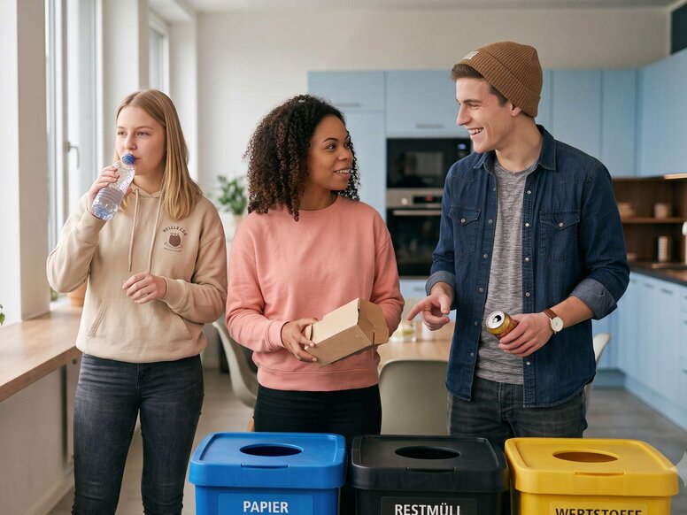 Schüler trennen Wertstoffe im hellen Pausenraum, als handlungsorientiertes Beispiel für Nachhaltigkeit und Ressourcenschonung.