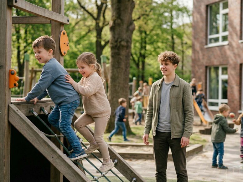 Auszubildender im sozialen Bereich (Erzieher:in, Sozialassistent:in) begleitet Kinder praxisorientiert bei Bewegungsspielen auf dem Klettergerüst im Außenbereich.