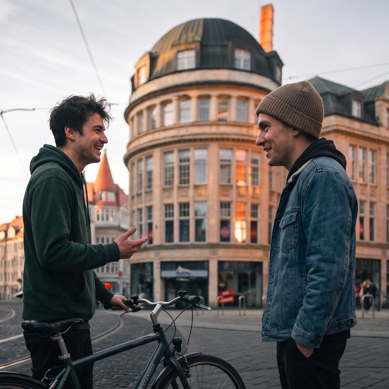 Zwei junge Männer unterhalten sich lachend neben einem Fahrrad in der historischen Altstadt von Halle.