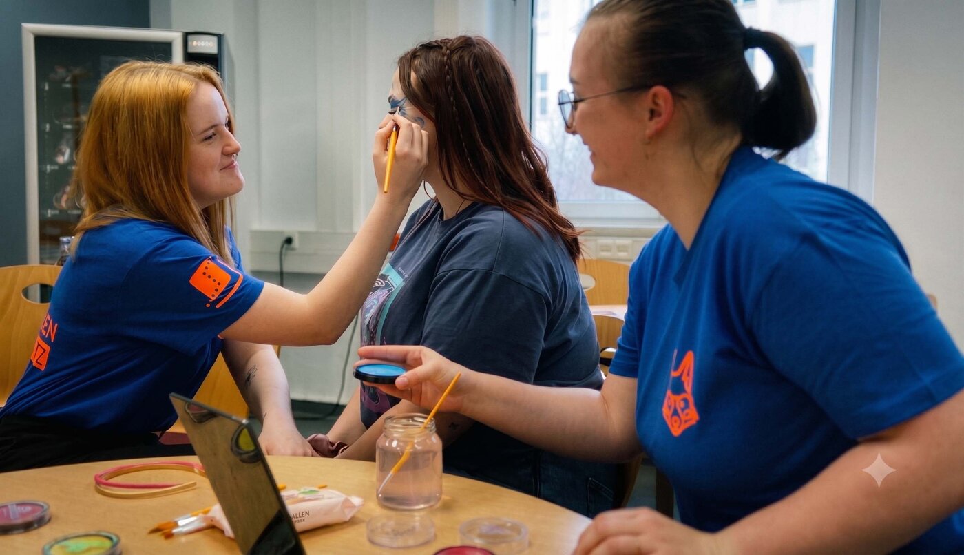 Zwei angehende Erzieherinnen sitzen an einem Tisch und schminken eine dritte Auszubildende. Eine trägt mit einem Pinsel blaue Farbe auf das Gesicht der Frau auf, während die andere lachend zuschaut und eine Farbdose bereithält. Auf dem Tisch liegen weitere Farben, Pinsel und ein kleiner Spiegel.