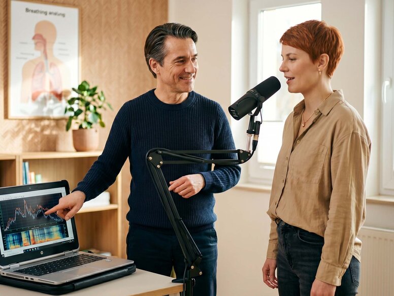 Ein Logopäde analysiert die Frequenzkurve der Stimme seiner Patientin am Laptop in einem modernen Praxisraum während eines handlungsorientierten Stimm- und Atemtrainings.