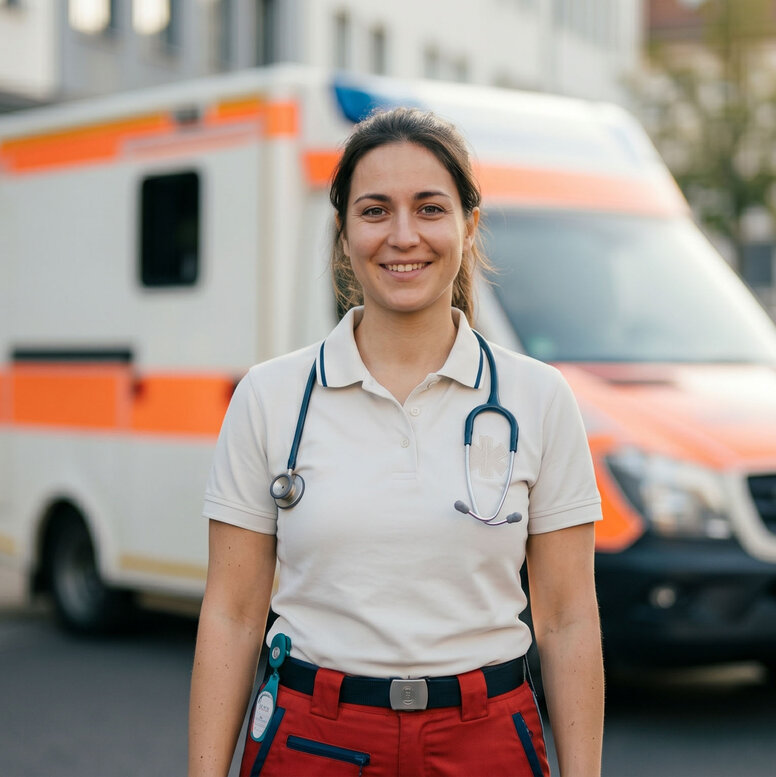 Eine junge, lächelnde Notfallsanitäterin steht vor einem Rettungswagen auf einer Straße. Im Hintergrund Gebäude und Bäume im weichen Tageslicht.