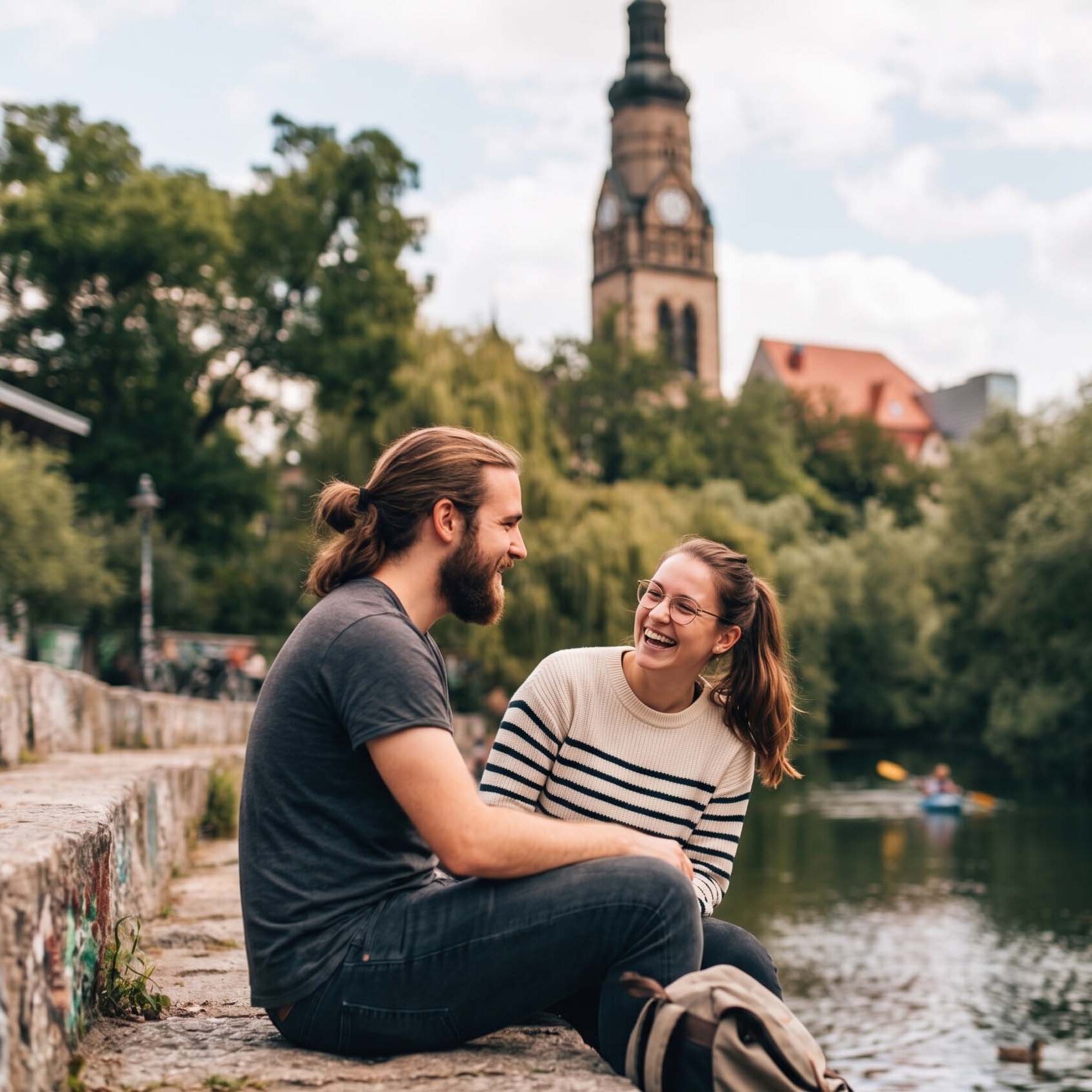 Zwei junge Menschen sitzen lachend auf Steinstufen am Karl Heine Kanal in Leipzig Plagwitz. Im Hintergrund sind grüne Bäume, Kanus auf dem Wasser und der die Phillupskirche zu sehen.
