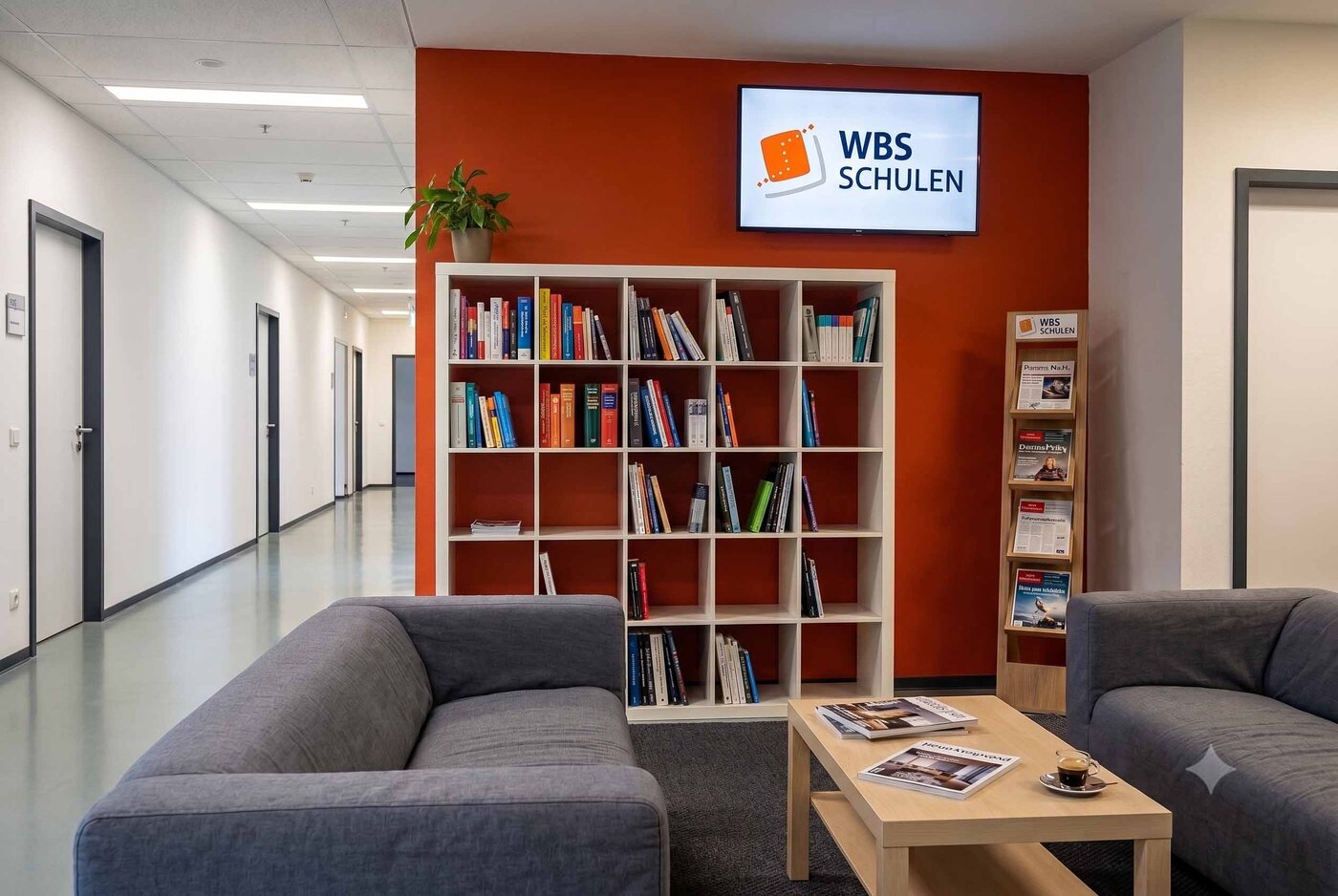 Aufenthaltsbereich der WBS SCHULEN Magdeburg mit Sofas, Couchtisch und Bücherregal. An der orangefarbenen Wand hängt ein Bildschirm mit dem WBS SCHULEN-Logo, daneben verläuft ein heller Flur.