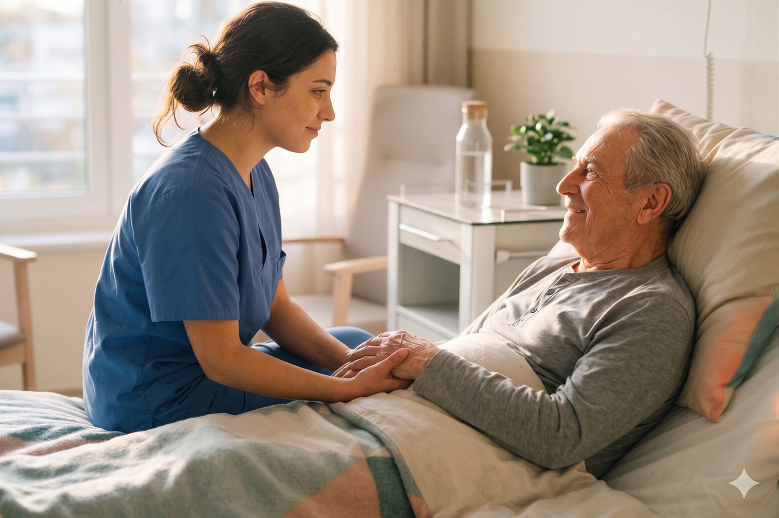 Angehende Pflegefachkraft betreut empathisch einen Senior im Krankenbett zur Förderung der patientenorientierten Pflege.