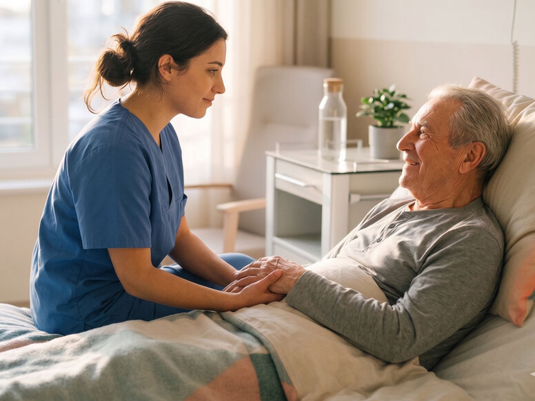 Angehende Pflegefachkraft betreut empathisch einen Senior im Krankenbett zur Förderung der patientenorientierten Pflege.