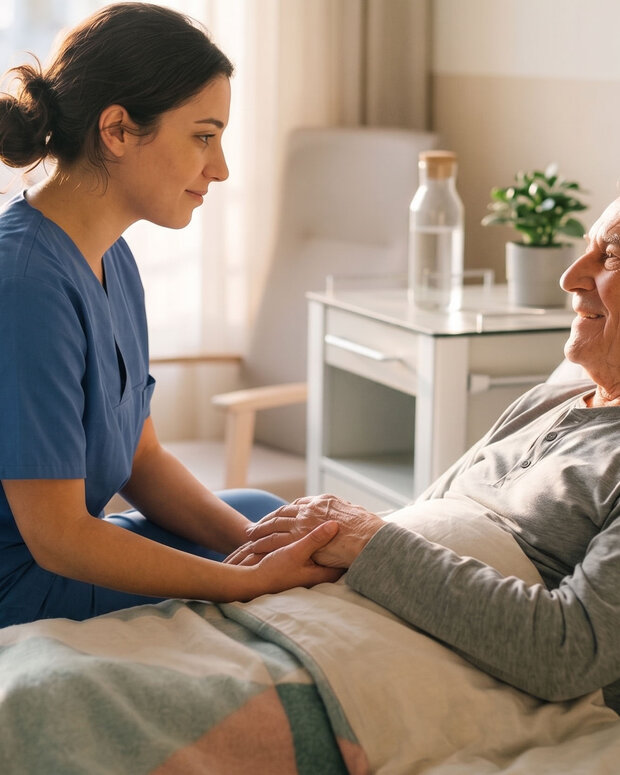 Angehende Pflegefachkraft betreut empathisch einen Senior im Krankenbett zur Förderung der patientenorientierten Pflege.