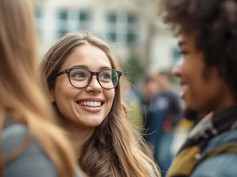 Drei lächelnde Schülerinnen im Gespräch auf dem Schulhof als Symbol für Ausbildung, Studium und Fachabitur.