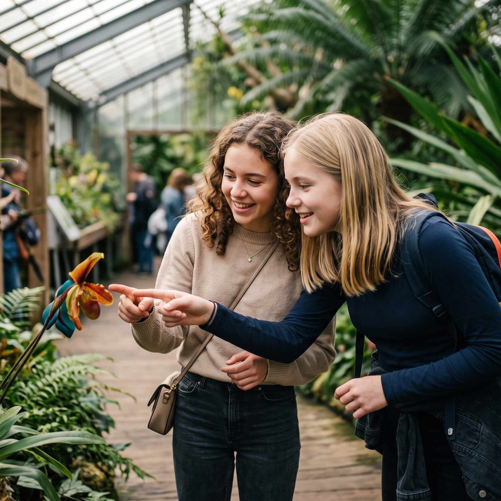 Zwei Schülerinnen betrachten und zeigen auf eine Pflanze in einem botanischen Garten als Teil eines Praxisprojekts zu Nachhaltigkeit und sozialem Engagement.
