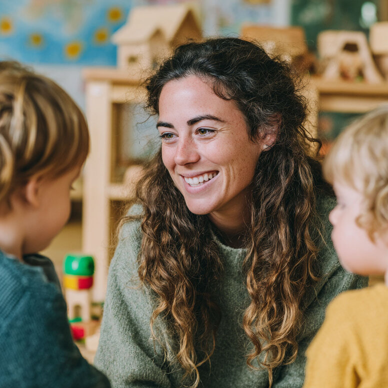 Eine Erzieherin in Ausbildung lacht gemeinsam mit Kindern in einer Spielgruppe zur praxisorientierten frühkindlichen Pädagogik.