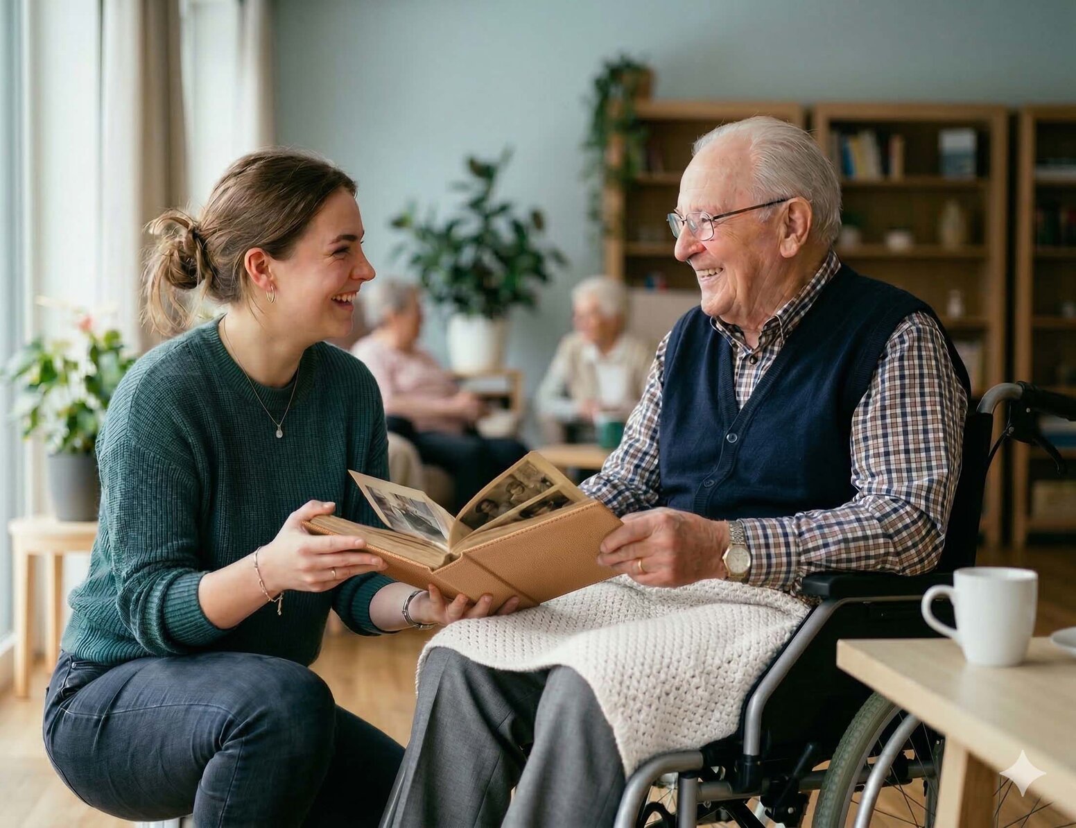 Auszubildende in der Pflege betrachtet lachend ein Fotoalbum mit einem Senior im Rollstuhl.