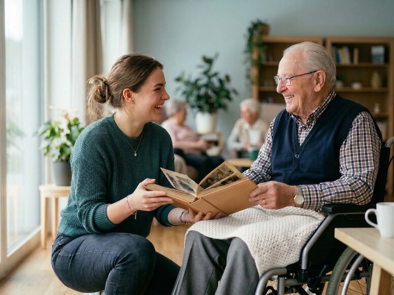 Auszubildende in der Pflege betrachtet lachend ein Fotoalbum mit einem Senior im Rollstuhl.