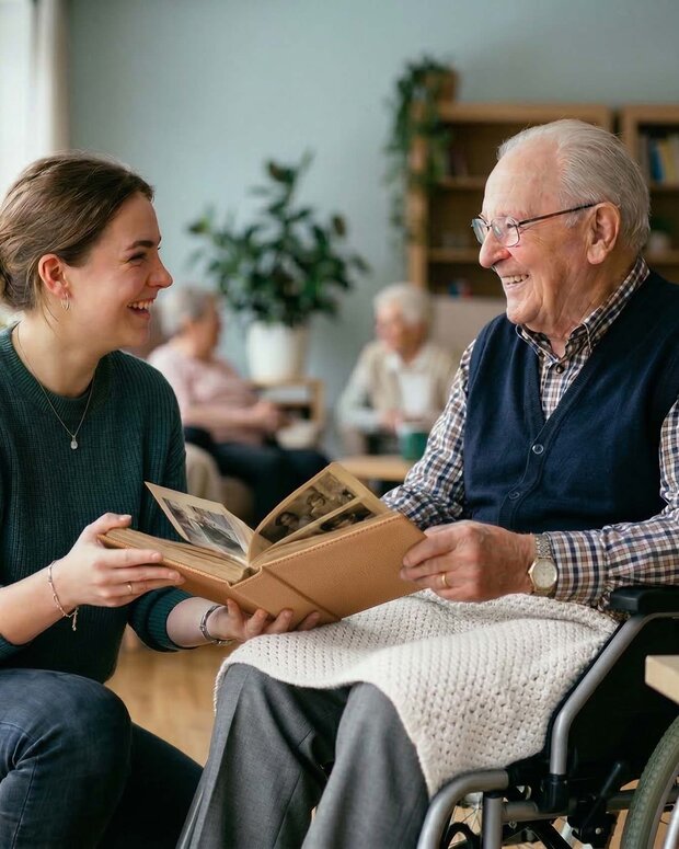 Auszubildende in der Pflege betrachtet lachend ein Fotoalbum mit einem Senior im Rollstuhl.