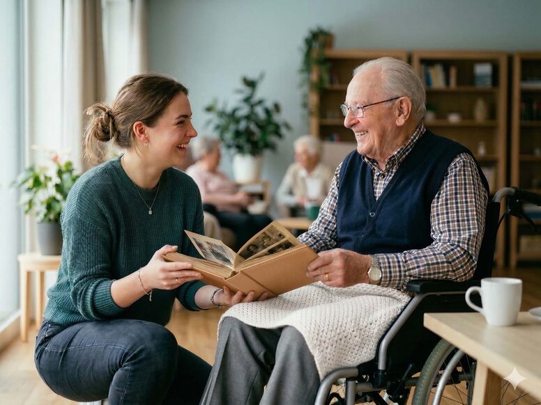 Auszubildende in der Pflege betrachtet lachend ein Fotoalbum mit einem Senior im Rollstuhl.