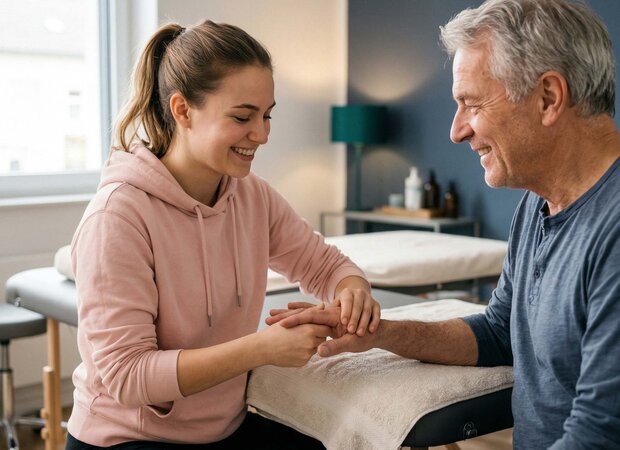 Junge Schülerin in Ausbildung zur Masseur:in führt empathisch Handmassage an Patienten im hellen Behandlungsraum durch.