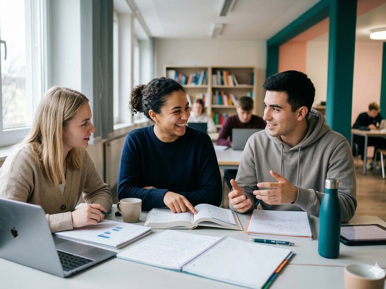 Eine Schuelergruppe aus einem jungen Mann und zwei jungen Frauen  beim interaktiven Lernen in einem Aufenthaltsraum der WBS SCHULEN.