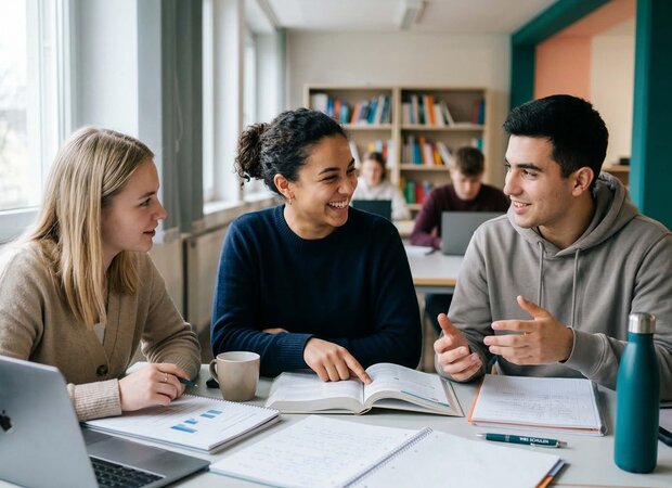 Eine Schuelergruppe aus einem jungen Mann und zwei jungen Frauen  beim interaktiven Lernen in einem Aufenthaltsraum der WBS SCHULEN.