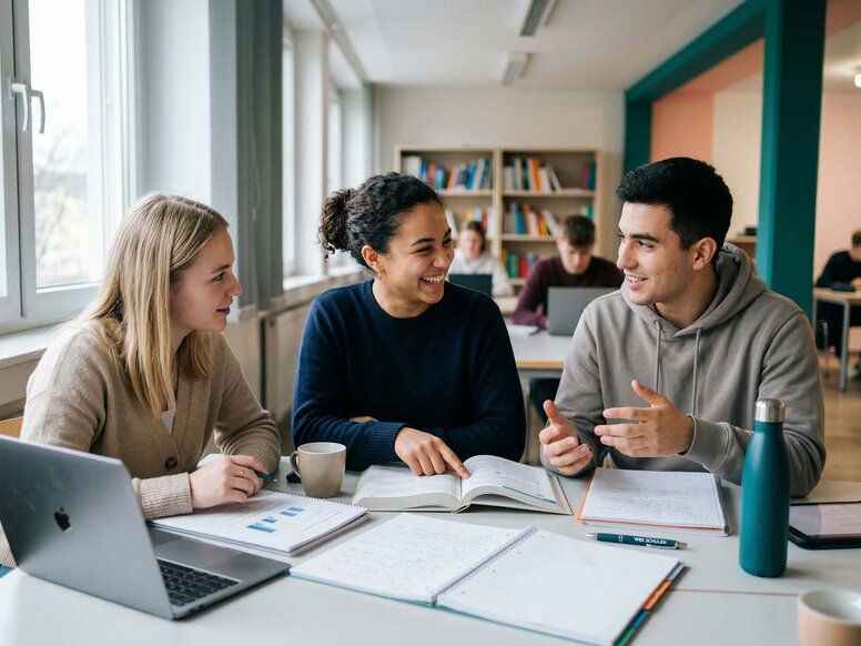 Eine Schuelergruppe aus einem jungen Mann und zwei jungen Frauen  beim interaktiven Lernen in einem Aufenthaltsraum der WBS SCHULEN.