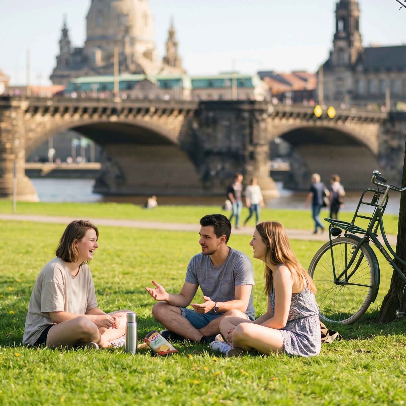 Drei junge Menschen sitzen lachend vor der Augustusbrücke auf den Elbwiesen in Dresden. Neben ihnen lehnt ein Fahrrad an einem Baum. Im Hintergrund ist die Frauenkirche zu sehen.