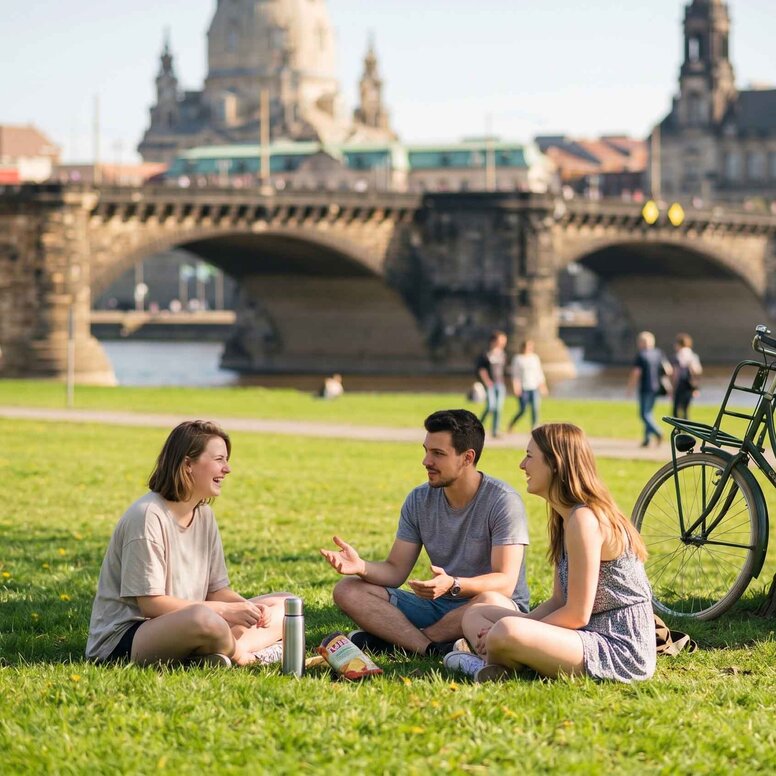 Drei junge Menschen sitzen lachend vor der Augustusbrücke auf den Elbwiesen in Dresden. Neben ihnen lehnt ein Fahrrad an einem Baum. Im Hintergrund ist die Frauenkirche zu sehen.