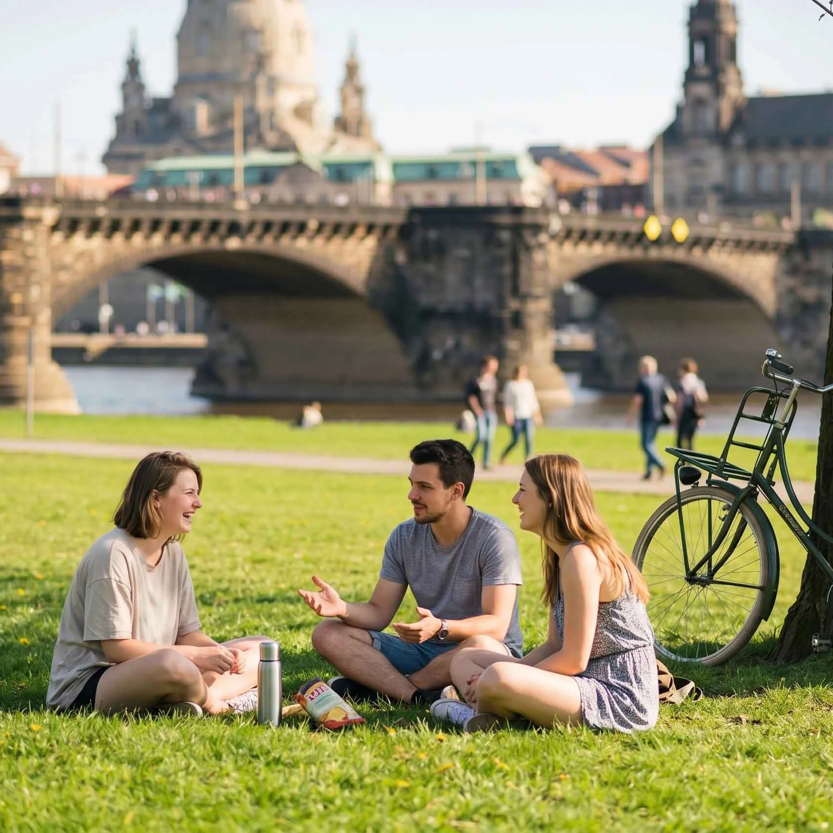 Drei junge Menschen sitzen lachend vor der Augustusbrücke auf den Elbwiesen in Dresden. Neben ihnen lehnt ein Fahrrad an einem Baum. Im Hintergrund ist die Frauenkirche zu sehen.