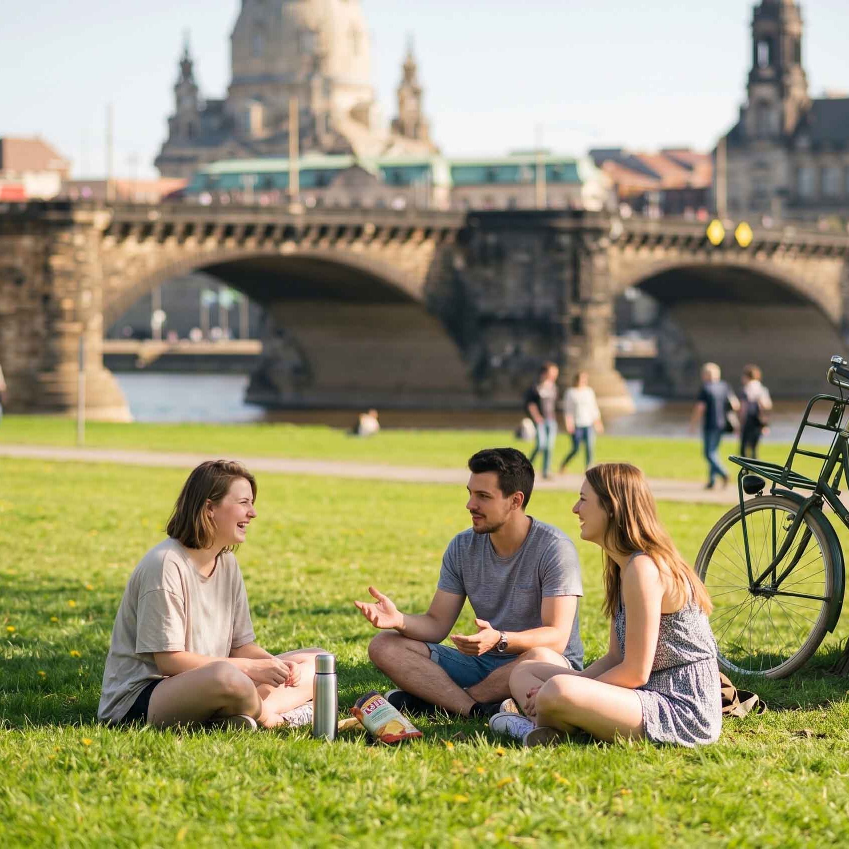Drei junge Menschen sitzen lachend vor der Augustusbrücke auf den Elbwiesen in Dresden. Neben ihnen lehnt ein Fahrrad an einem Baum. Im Hintergrund ist die Frauenkirche zu sehen.