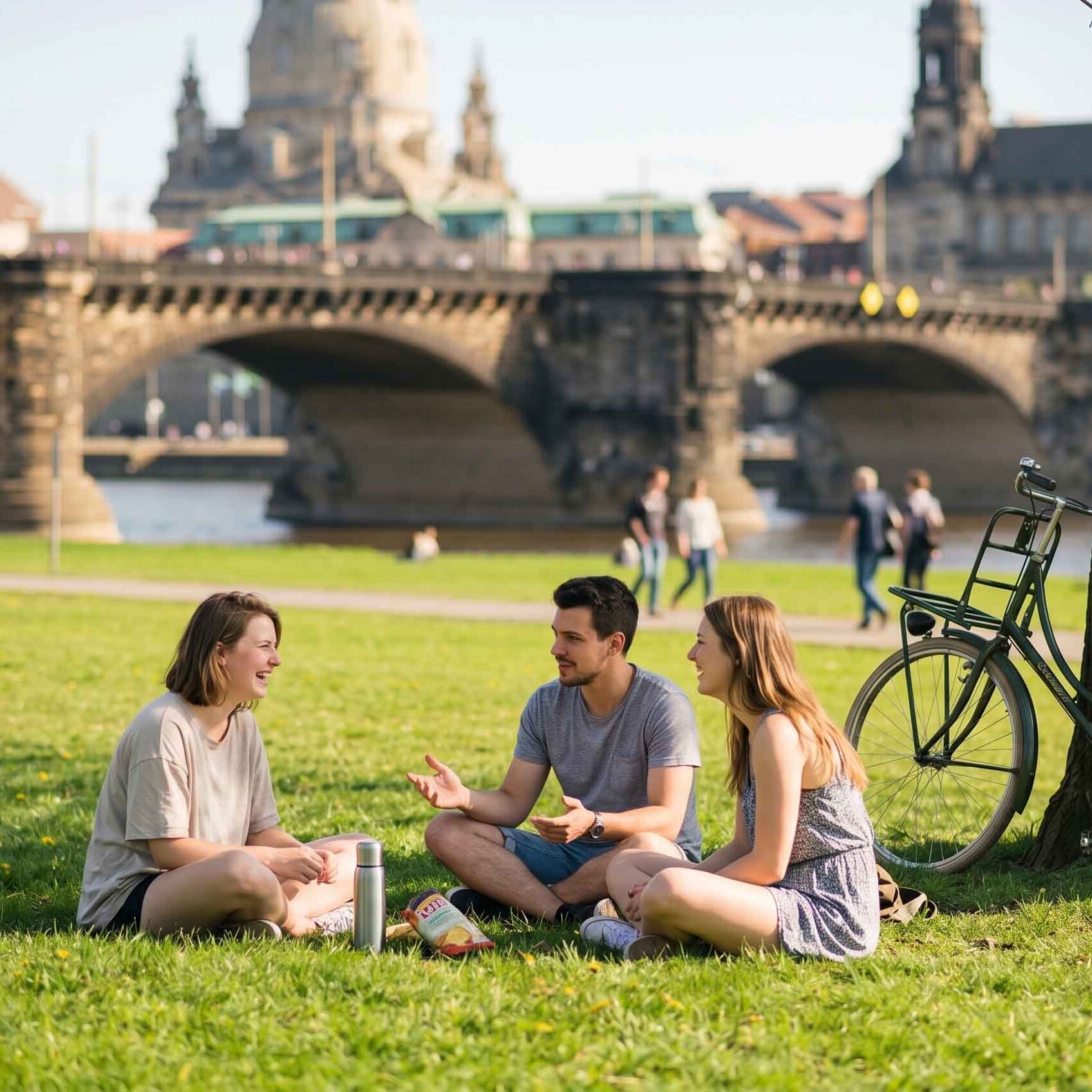 Drei junge Menschen sitzen lachend vor der Augustusbrücke auf den Elbwiesen in Dresden. Neben ihnen lehnt ein Fahrrad an einem Baum. Im Hintergrund ist die Frauenkirche zu sehen.