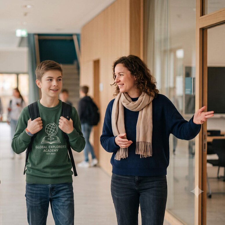 Eine Lehrerin  führt einen potentiellen Schüler und seine Mutter durch ein helles, freundliches Schulhaus.