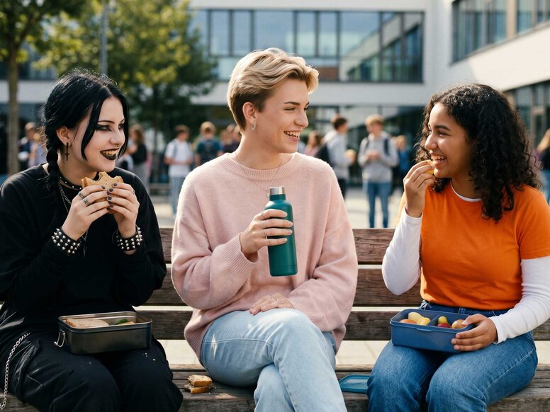 Diverse Schüler essen gemeinsam auf einer Bank im sonnigen Pausenhof. Gelebte Vielfalt und Toleranz im modernen Schulalltag.