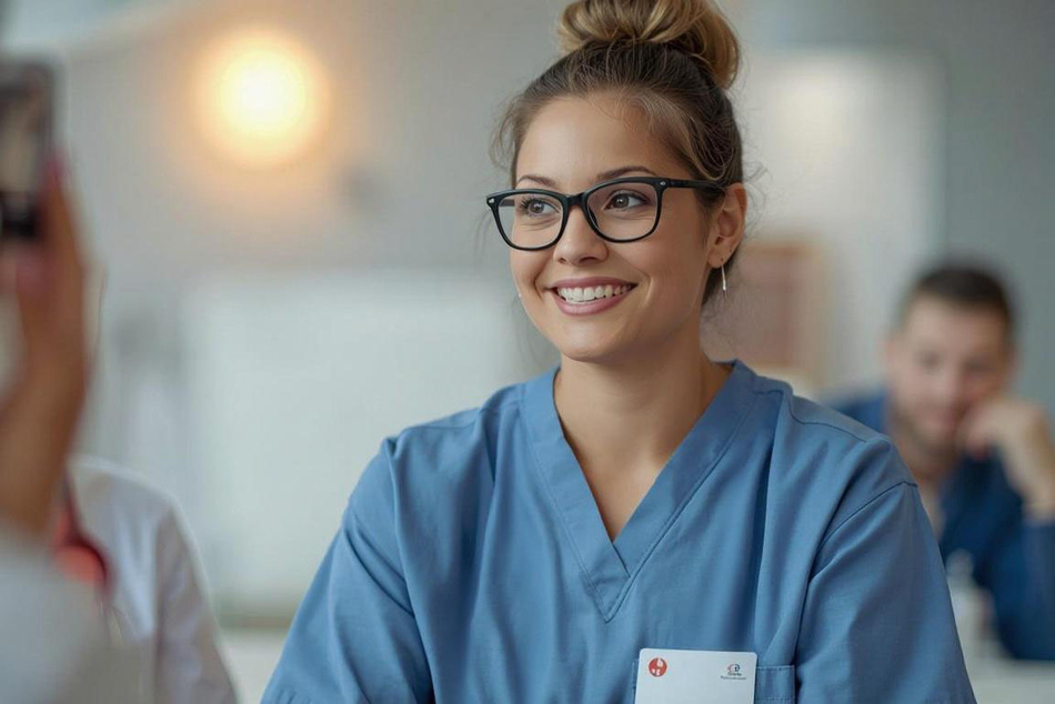 Pflegefachfrau im Gespräch mit Kolleginnen