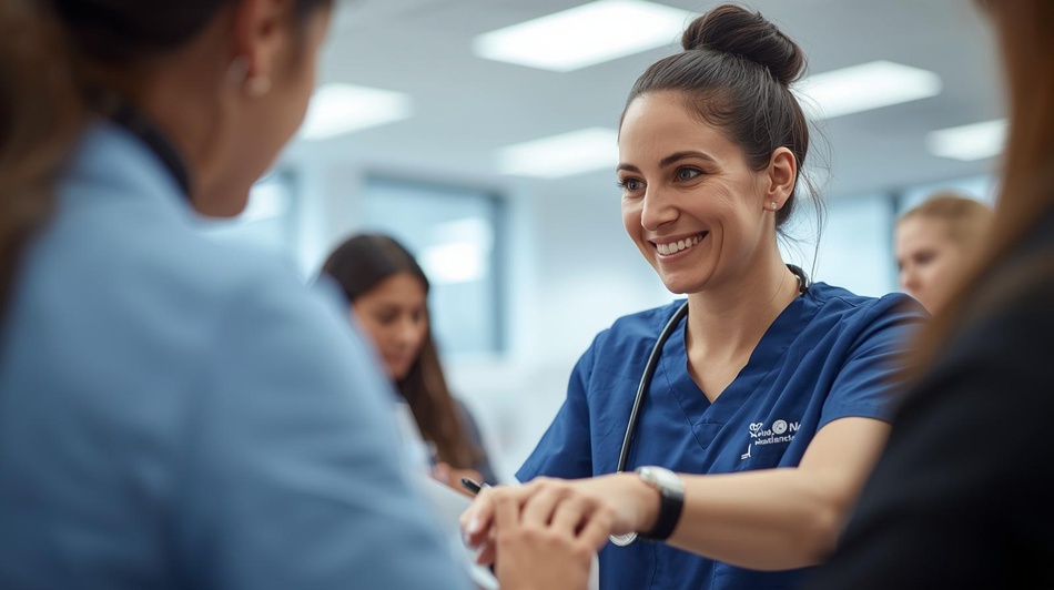 Sympathische Pflegefachkraft in einem Gespräch mit Kolleg:innen